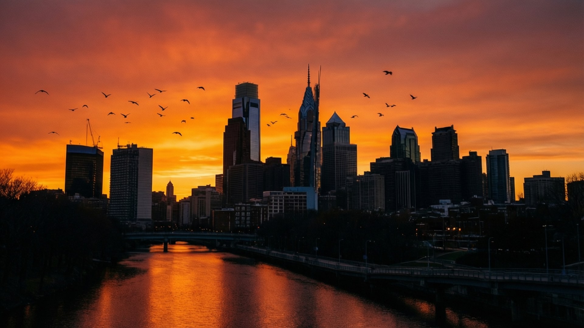 Sunrise Silhouette Skyline 壁紙 — 日落時分的城市天際線，火紅色的雲彩倒映在河面上，鳥兒在頭頂飛翔。