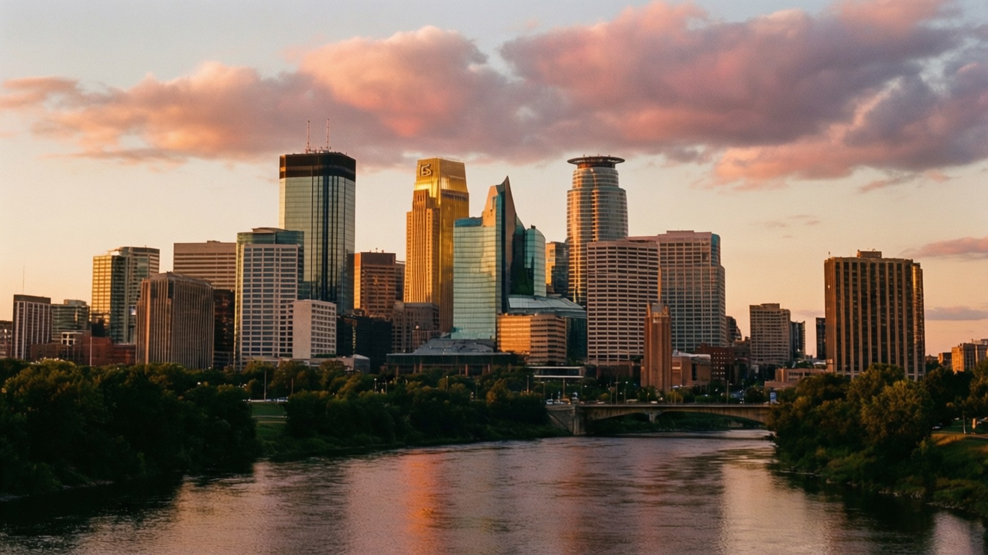 Minneapolis Sunset Skyline 壁紙 — 日落時分的城市天際線，粉紅色的雲彩倒映在下面的河流中，周圍環繞著綠樹。