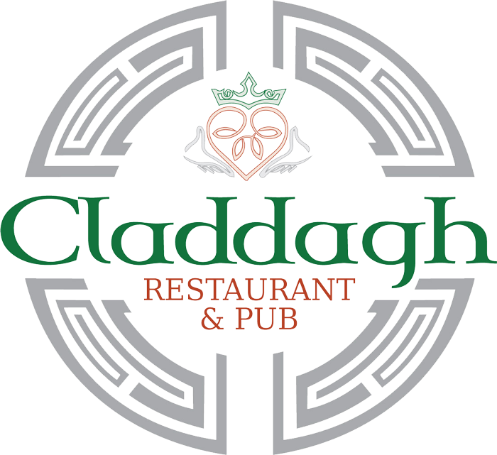 libra 桌布 壁紙 — Claddagh Restaurant & Pub 的標誌，在灰色幾何圓圈內有一顆由雙手捧著並戴著皇冠的心。