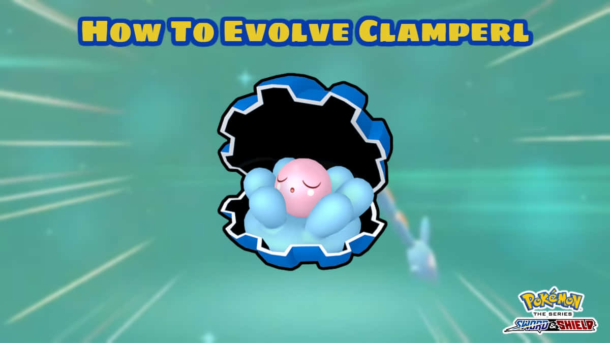 寶可夢 桌布 壁紙 — Clamperl 在它裂開的藍色貝殼裡面，在發光的青綠色背景和動態線條襯托下安詳地睡覺。