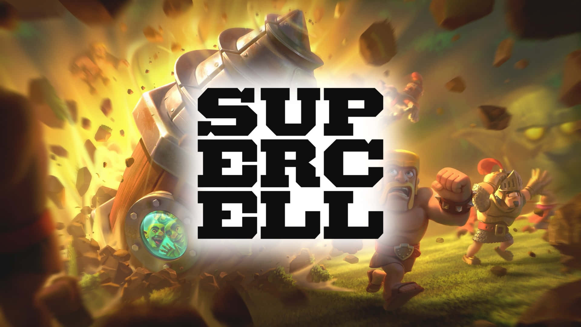  壁紙 — Clash of Clans 角色向前衝鋒，而巨型加農炮在熾熱的爆炸中炸毀岩石。