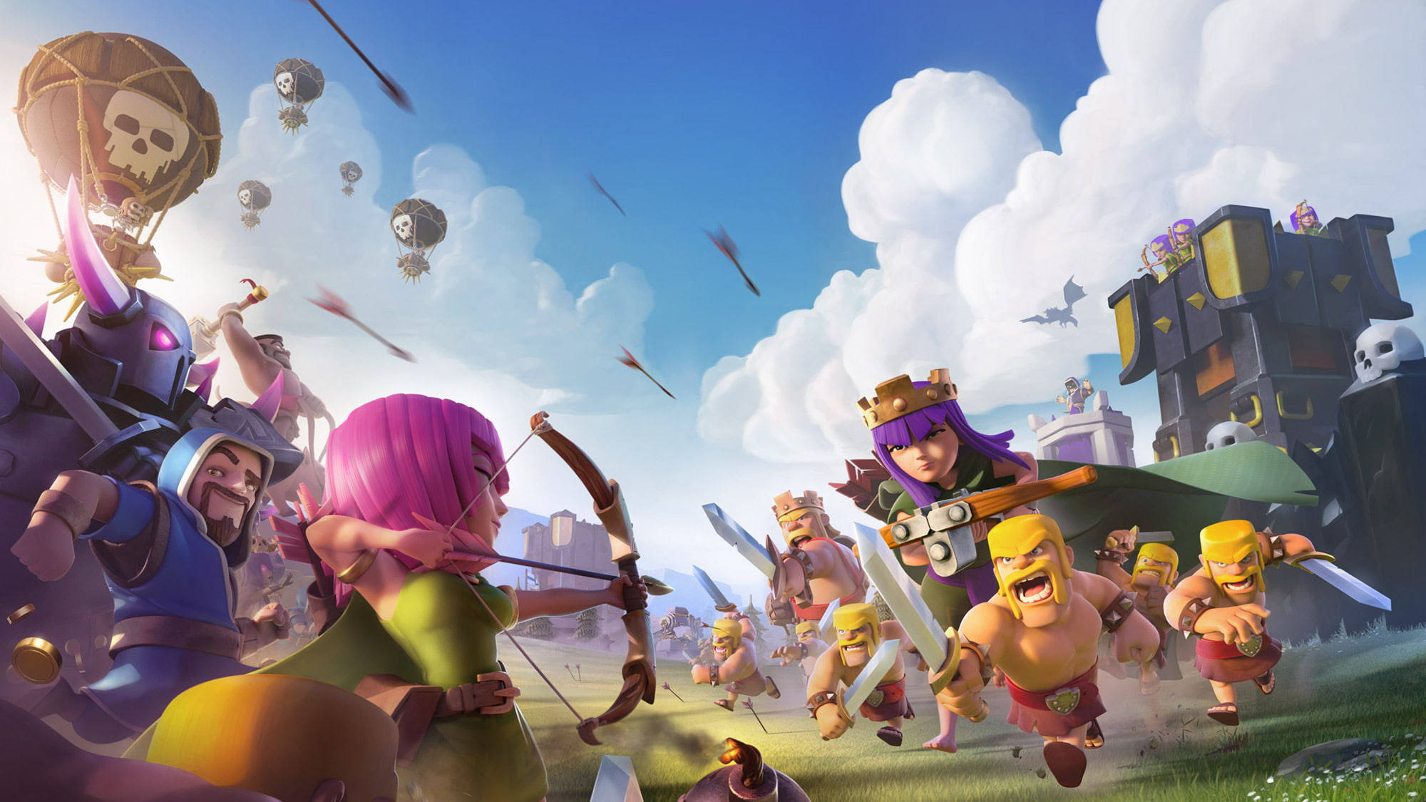 遊戲 桌布 壁紙 — Clash of Clans 戰士在藍天白雲下衝過草地。
