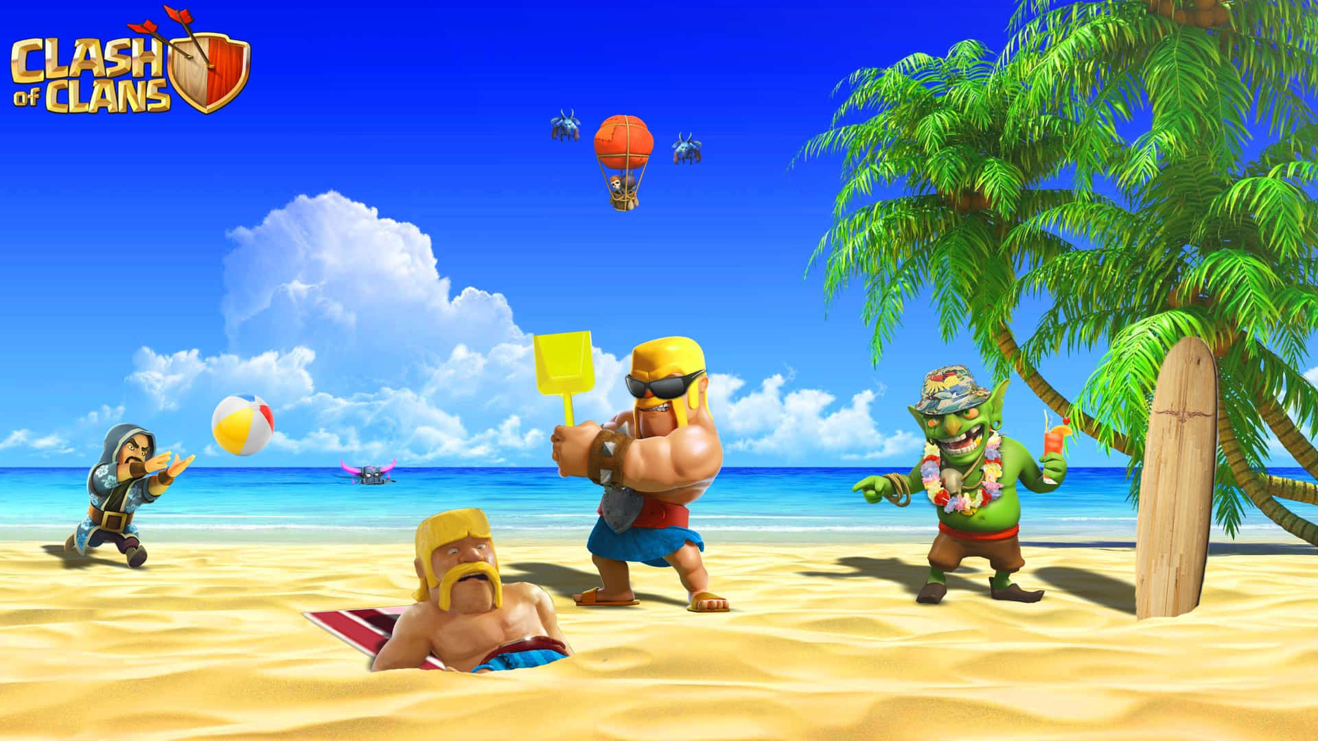 電玩遊戲 桌布 壁紙 — Clash of Clans 角色在陽光明媚的熱帶海灘上放鬆，周圍有棕櫚樹和熱氣球。