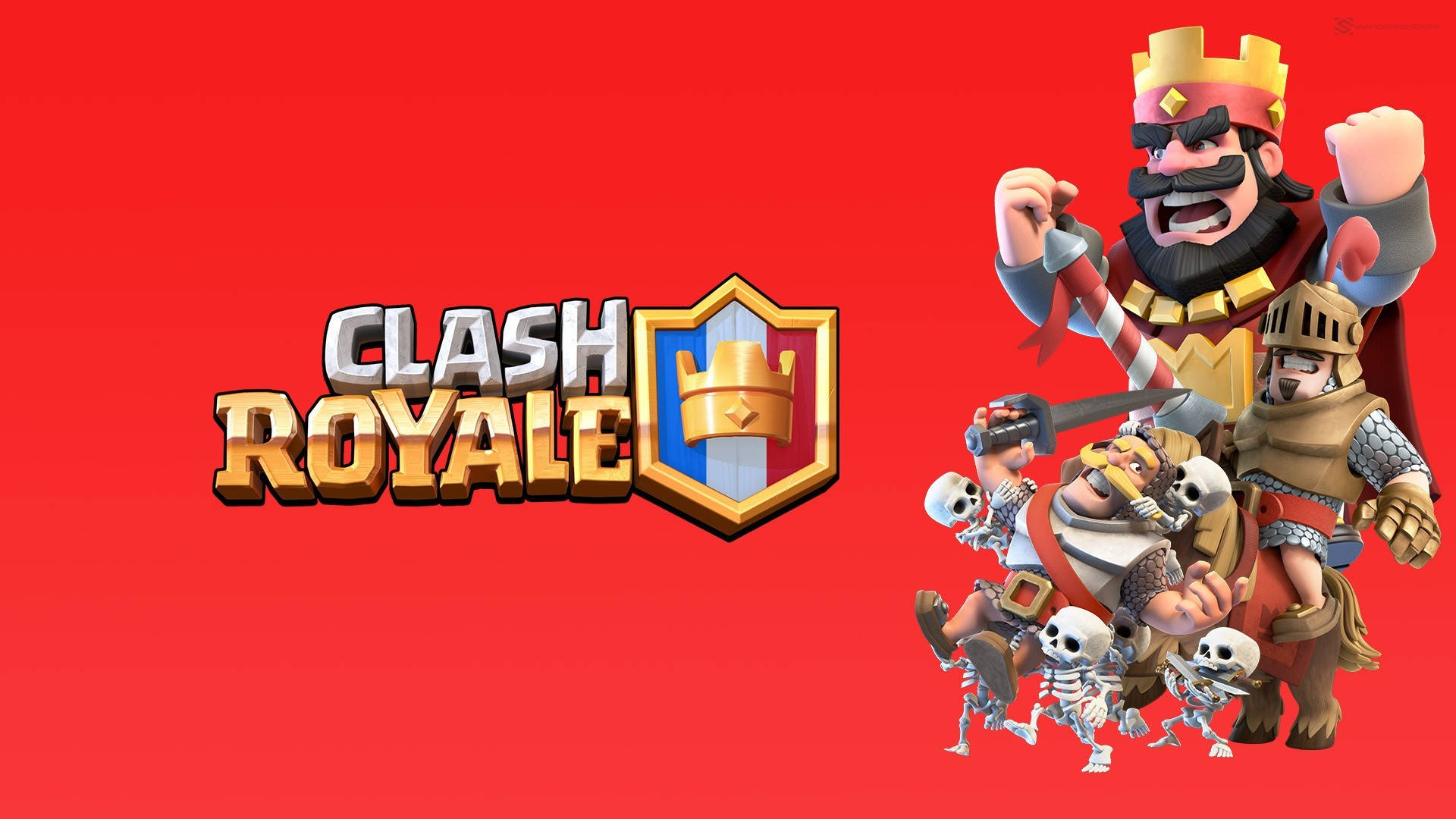 部落衝突：皇室戰爭 桌布 壁紙 — Clash Royale 標誌，帶有卡通風格的國王和骷髏戰士，背景為大膽的紅色。