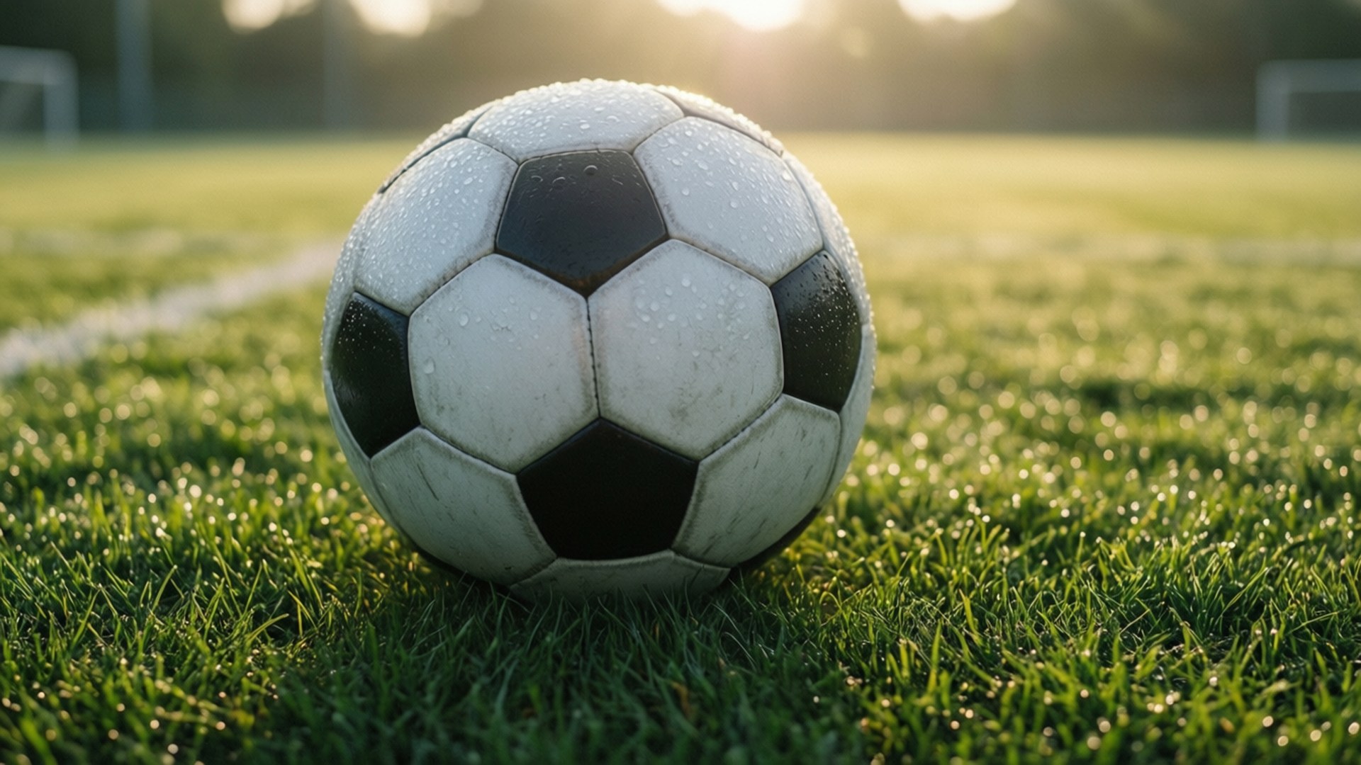 FIFA 世界盃 桌布 壁紙 — 一個經典的黑白足球在溫暖的日出光線下，擱在帶露水的綠色草地上。