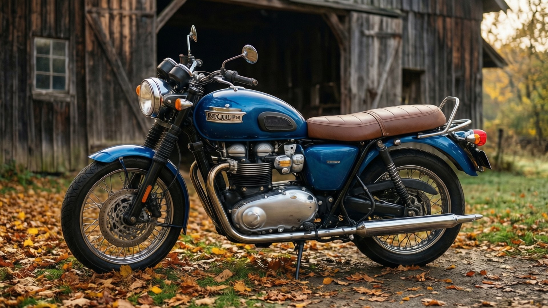 Blue and Brown Barn Scene 壁紙 — 一輛經典藍色 Triumph 摩托車配棕色皮革座椅，停放在褪色木穀倉前的落葉上。