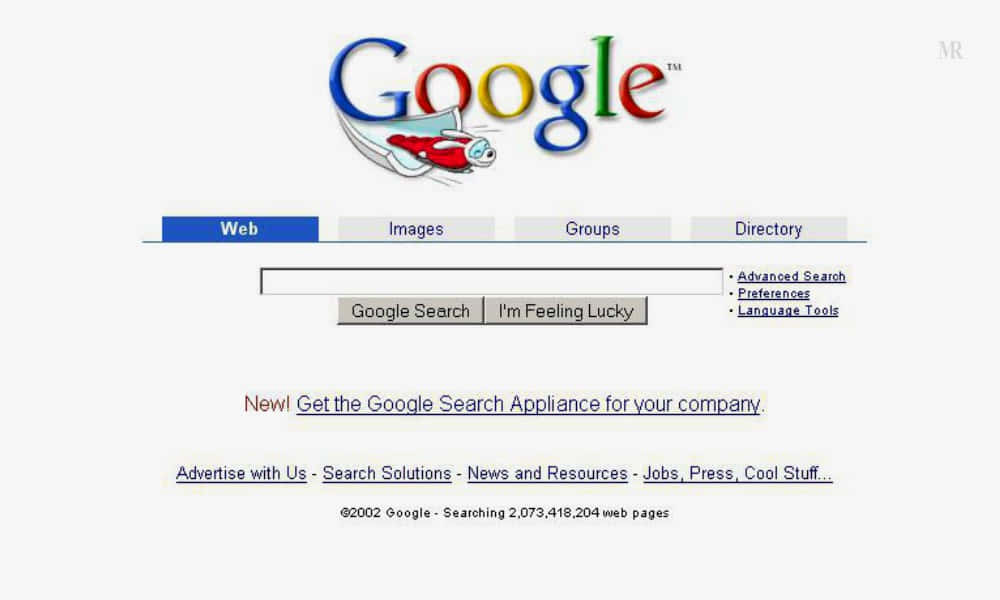 2002 年 Google 搜尋引擎首頁，帶有火箭標誌和搜尋列。 — Google 壁紙