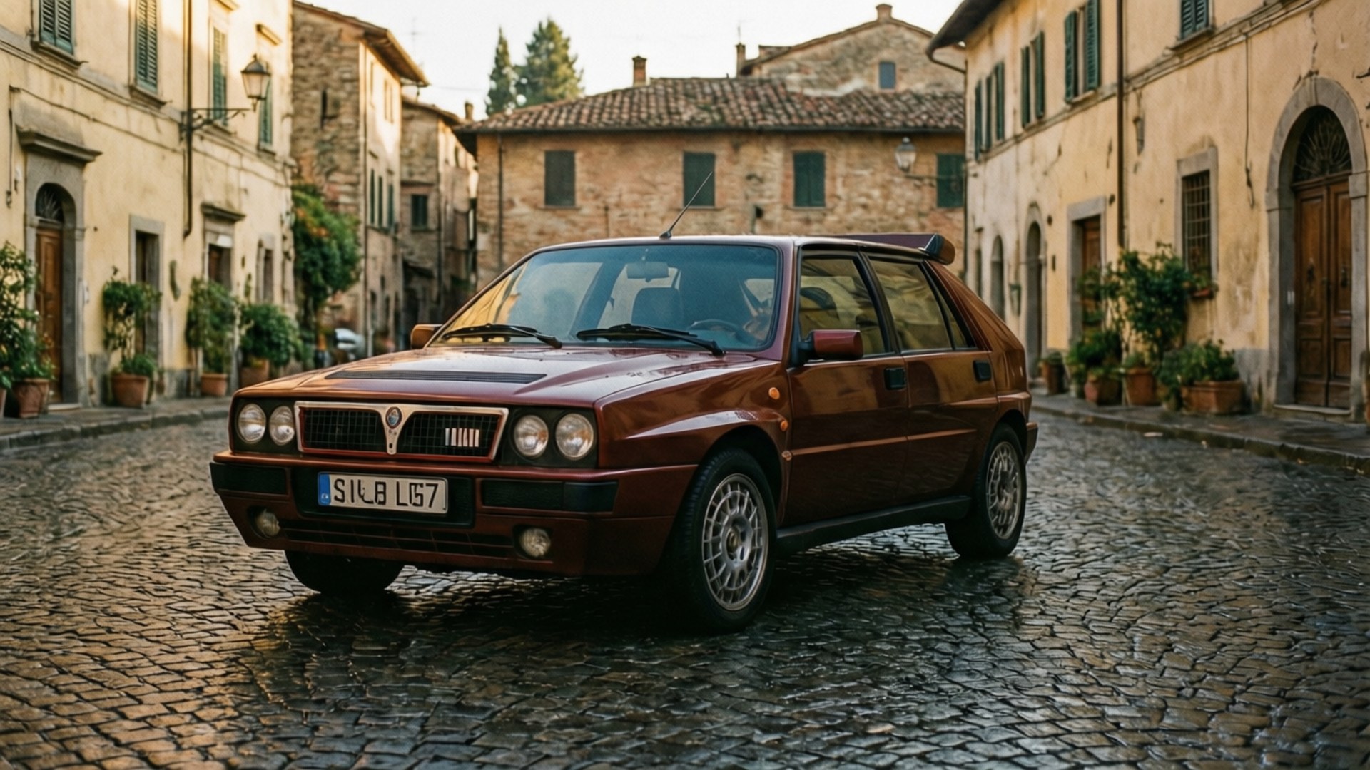 Lancia Delta 桌布 壁紙 — 一輛經典的栗色藍旗亞Delta Integrale停放在陽光普照的鵝卵石街道上，位於一個質樸的歐洲村莊。