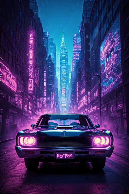 一輛復古車在夜晚霓虹燈浸染的未來城市街道上，帶有發光的頭燈。 — 4K 壁紙