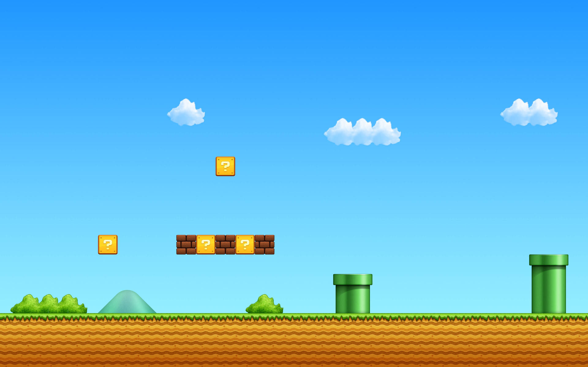 經典 Mario 遊戲關卡，有管道、問號方塊和磚塊平台，背景是藍天 — 超級瑪利歐 3D 壁紙