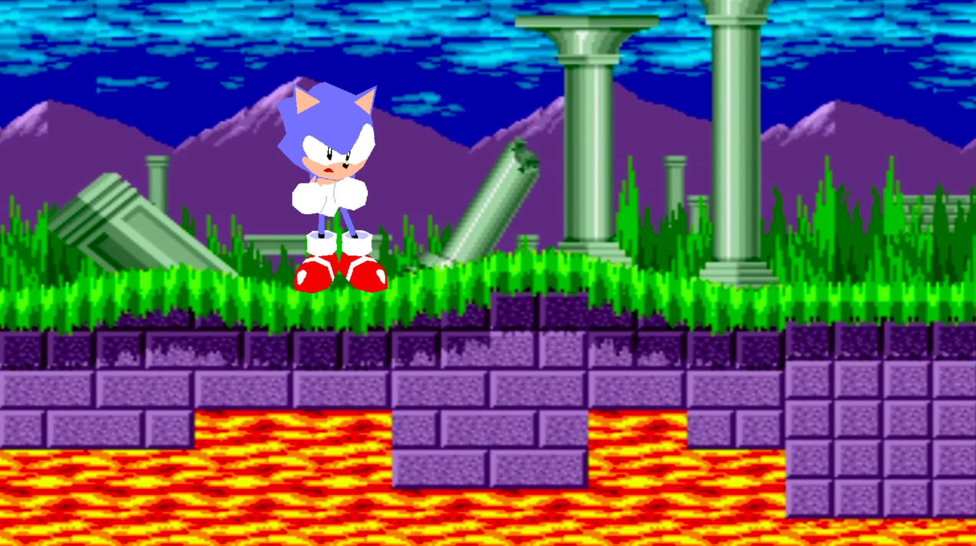  壁紙 — 經典像素化的Sonic the Hedgehog站在紫色磚塊平台上，下方是熔岩，背景有綠色草地和古代石柱。