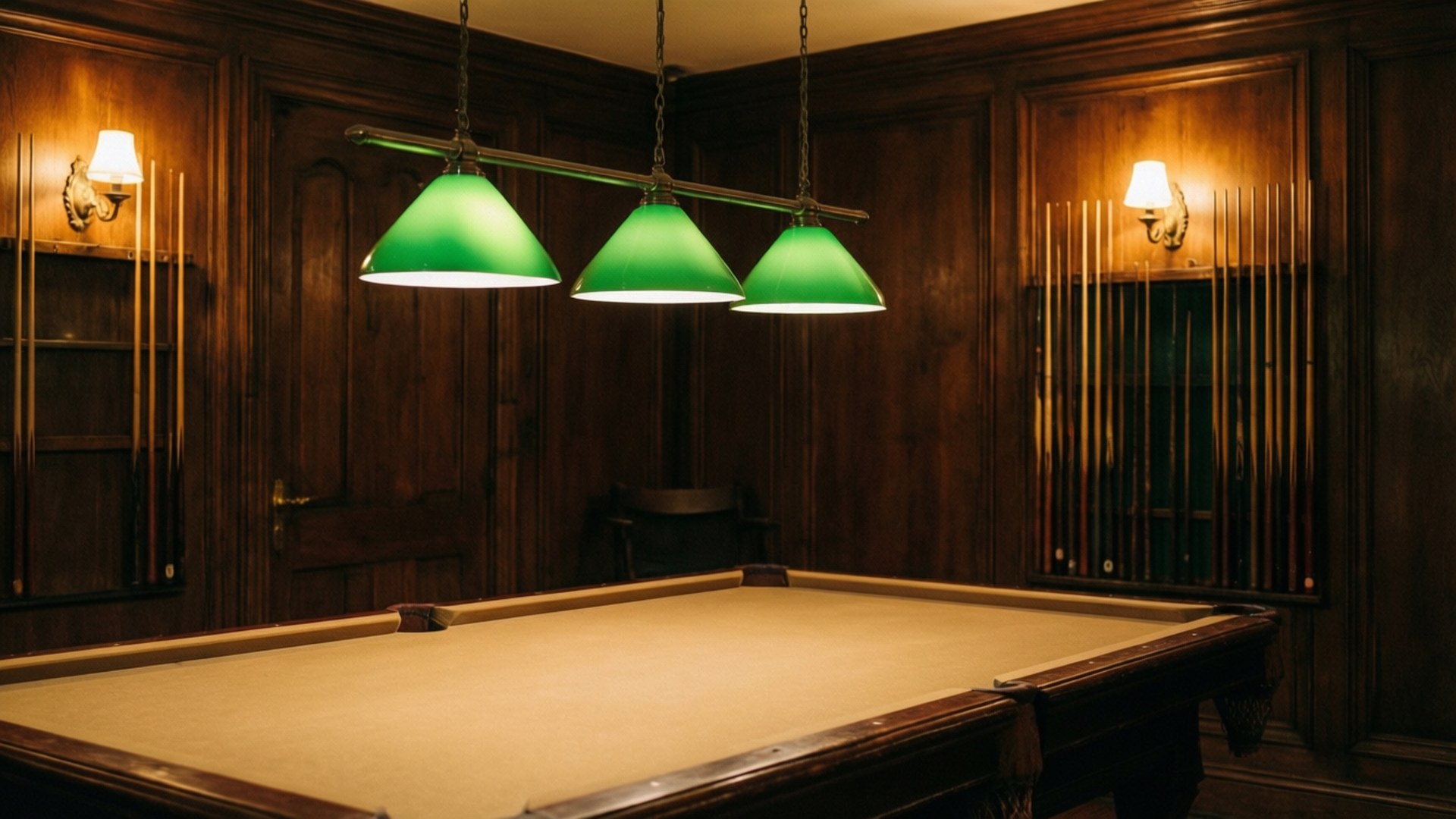 Vintage Snooker Room 壁紙 — 經典撞球桌，置於三盞發光綠色吊燈下，房間鋪有豐富木質鑲板。