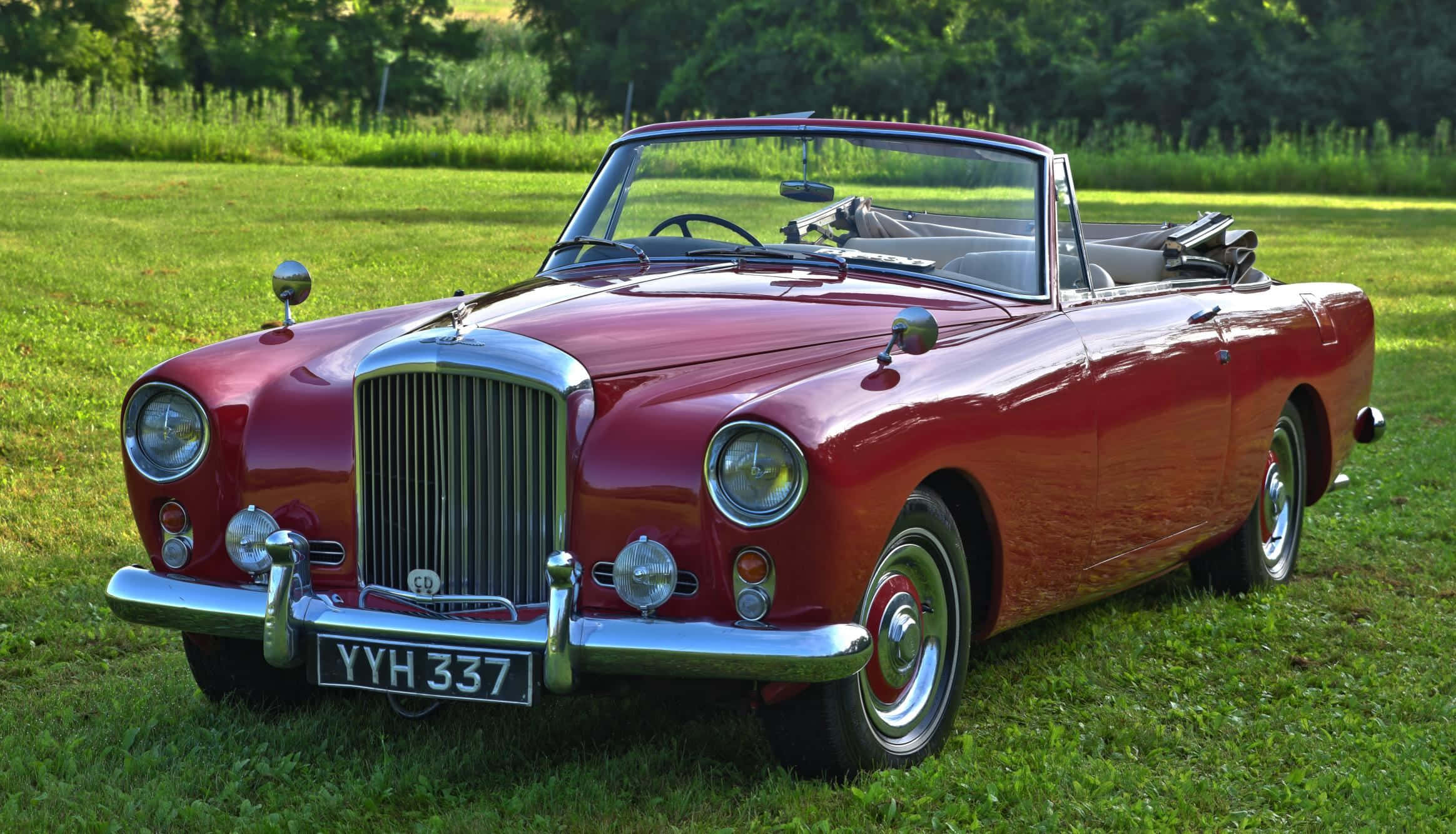 Bentley S2 桌布 壁紙 — 一輛經典紅色敞篷跑車在明亮陽光下閃閃發光，停放在綠草如茵、樹木成蔭的草坪上。