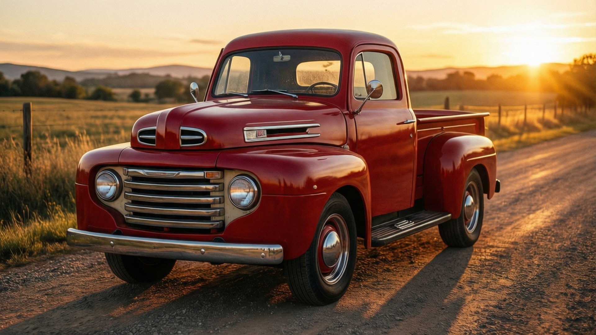 Golden Hour Classic 壁紙 — 一輛經典紅色福特卡車在鄉村泥路上，在金黃色夕陽光下閃閃發光。