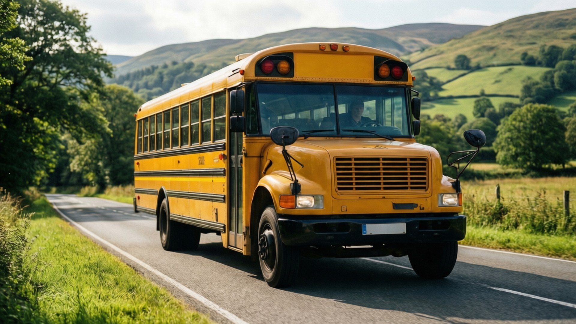 Bus 桌布 壁紙 — 一輛經典黃色校車沿著蜿蜒的鄉村道路行駛，穿過青翠的山丘，天空明亮。