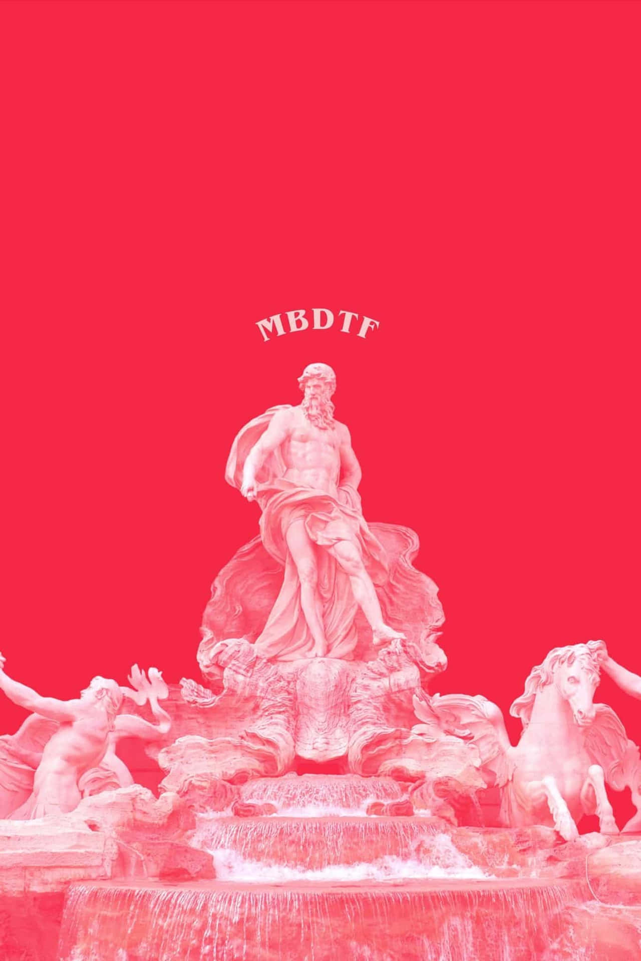  壁紙 — 一座古典噴泉雕塑，浸浴在單色紅色中，中央人物上方有「MBDTF」文字。