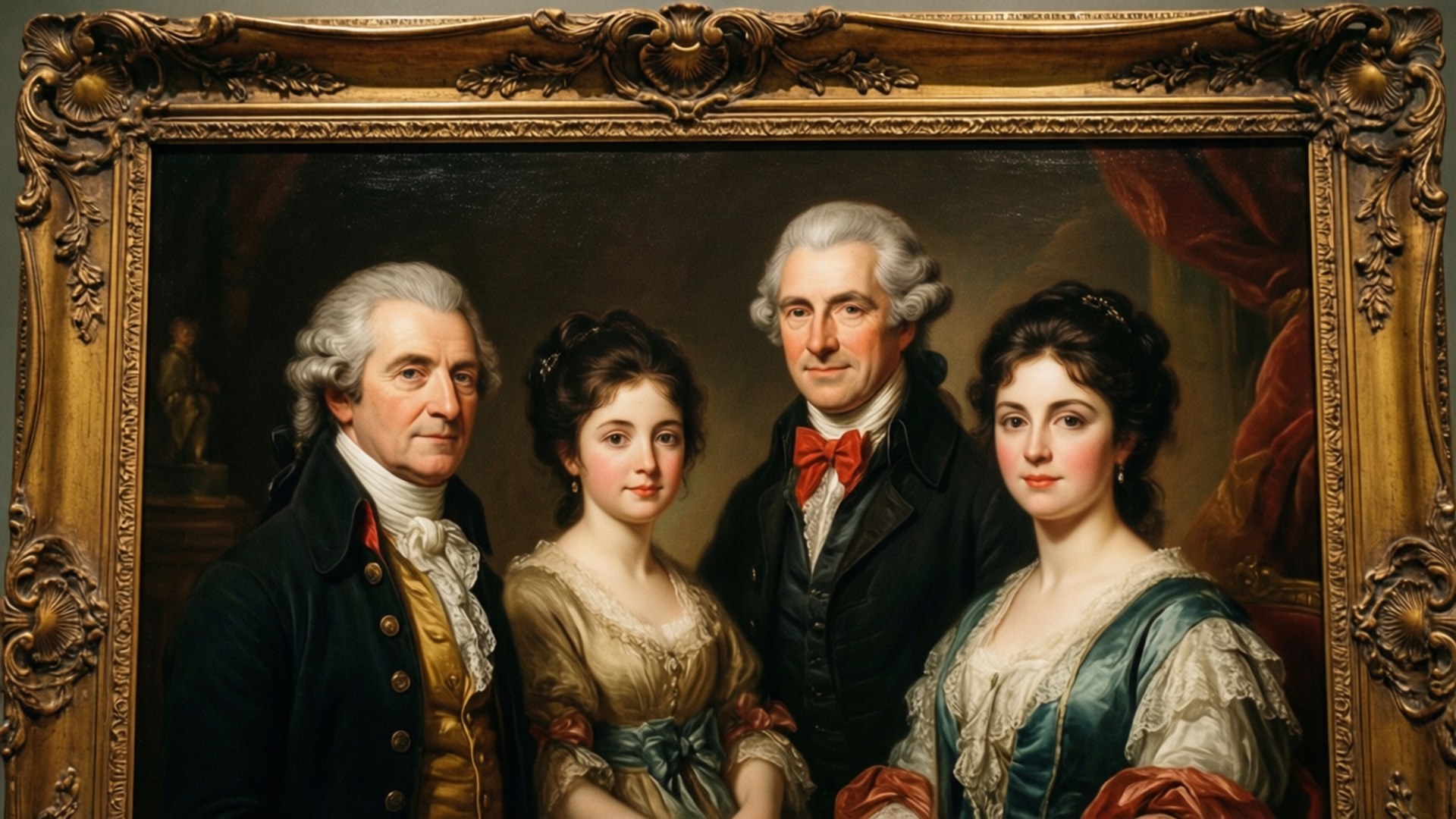 Carrington Family Portrait 壁紙 — 一幅古典肖像畫，描繪四位18世紀衣著優雅的人物，置於鍍金華麗畫框中。