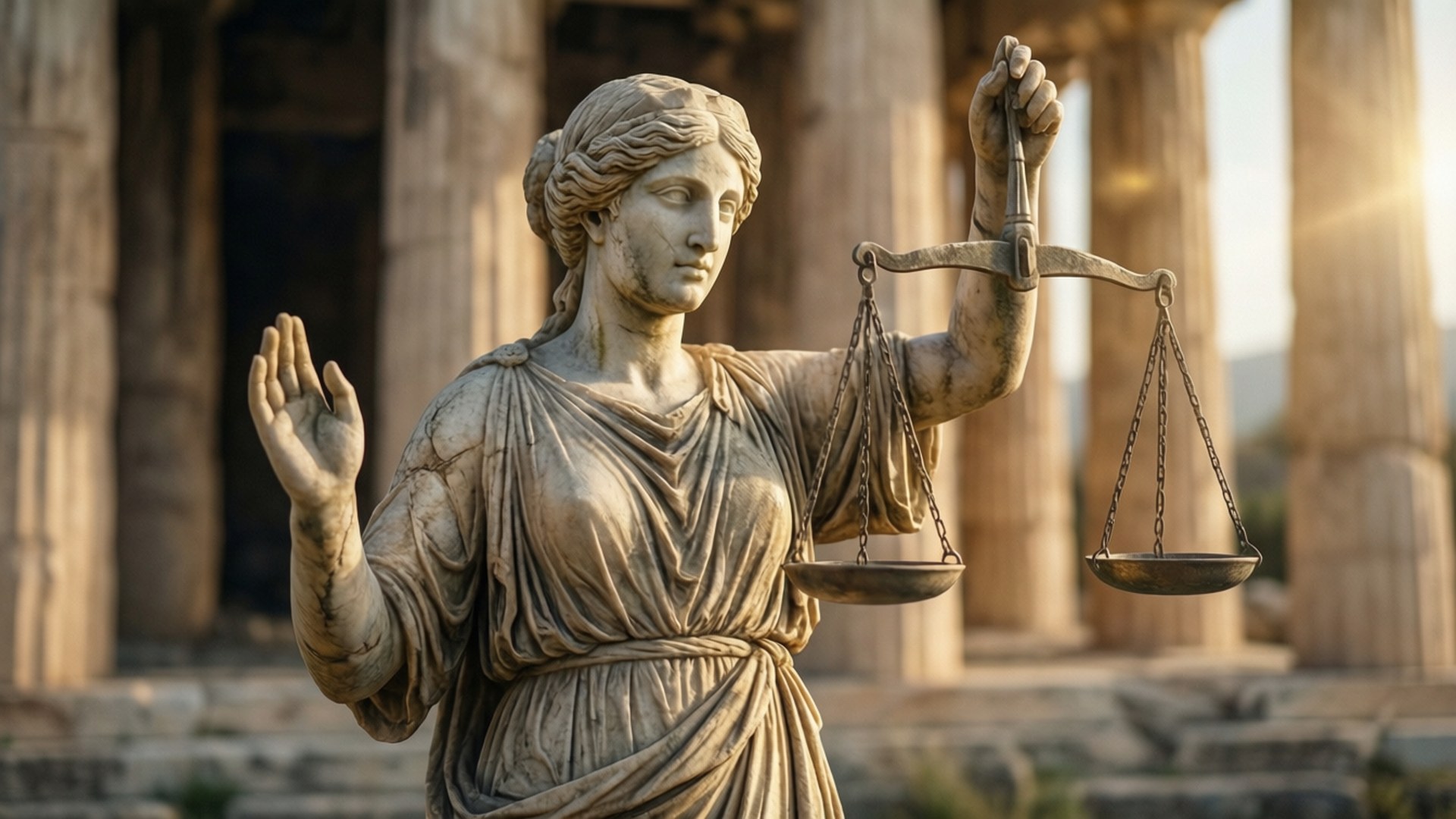 Integrity 桌布 壁紙 — 一座經典的正義女神石像，手持天秤和劍，矗立在沐浴在溫暖金色陽光下的古老神廟柱子前。