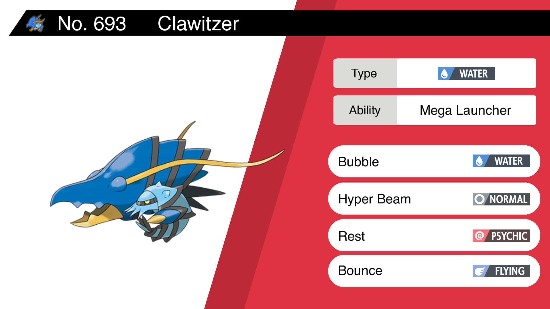 電玩遊戲 桌布 壁紙 — Clawitzer 水屬性寶可夢顯示在遊戲卡上，附有數值和招式，背景為紅白色。