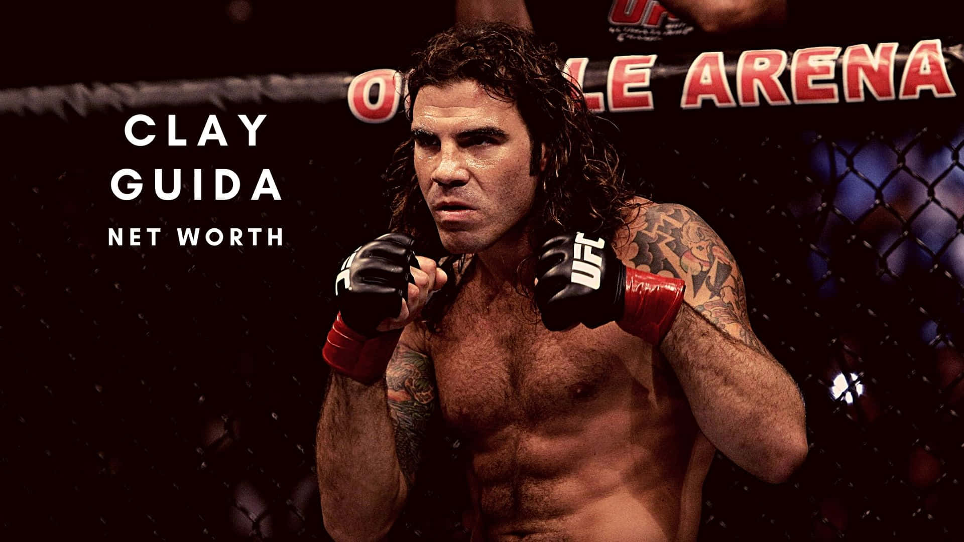 UFC 桌布 壁紙 — Clay Guida 在UFC八角籠中，刺青手臂和紅色手套，在場館燈光下凝視著。