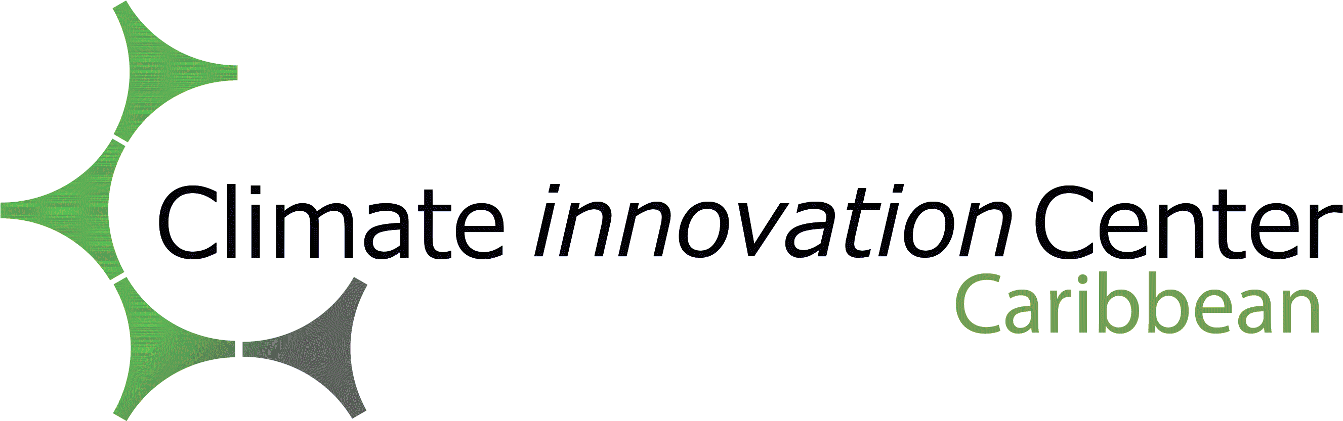 Logo Design 桌布 壁紙 — Climate Innovation Center Caribbean 標誌，採用綠色和灰色抽象太陽爆發設計，背景為黑色。