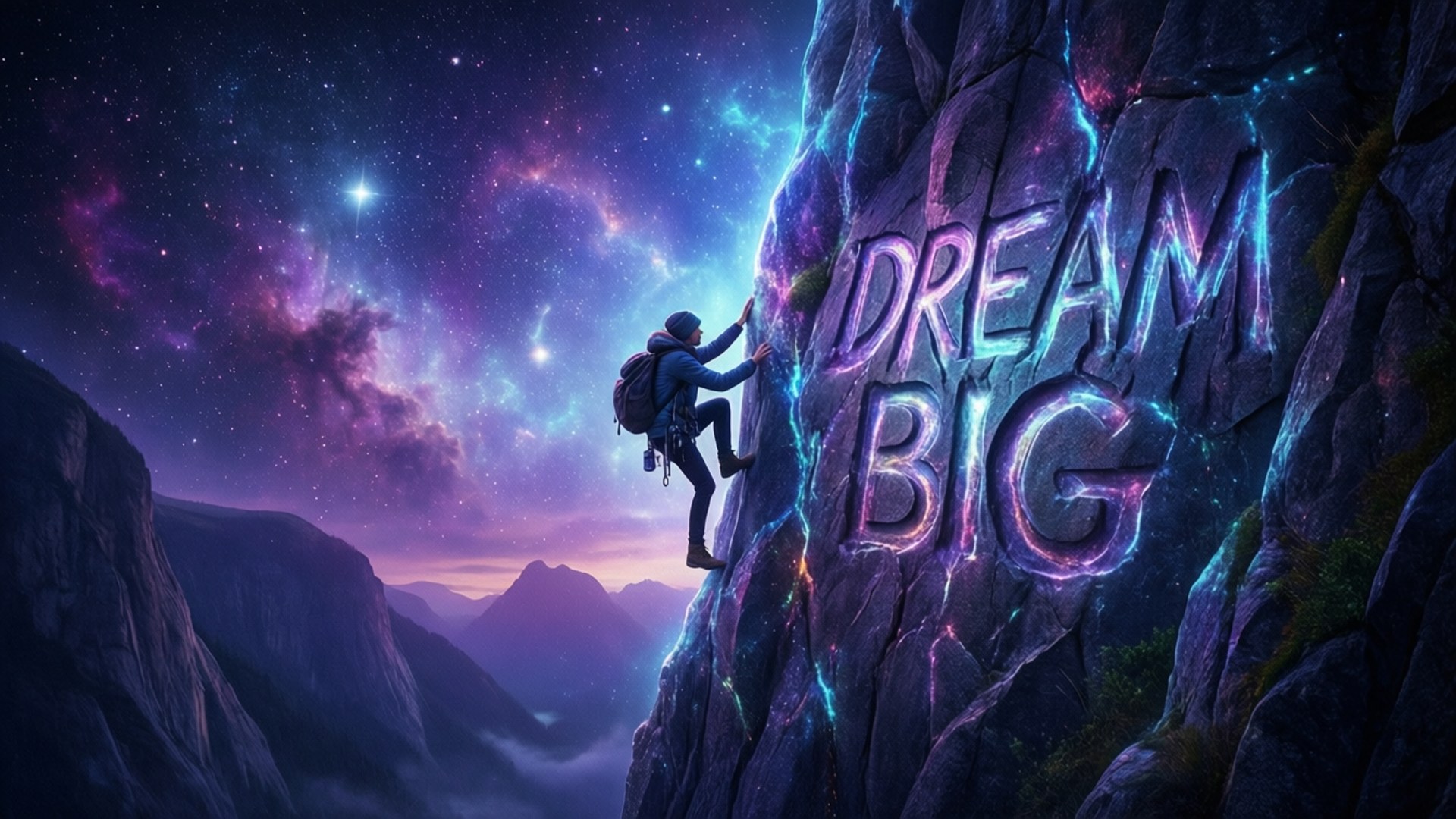 Motivational Phone 4K 桌布 壁紙 — 一名攀岩者攀登發光的懸崖，在充滿活力的宇宙天空下，「DREAM BIG」以霓虹燈閃爍。