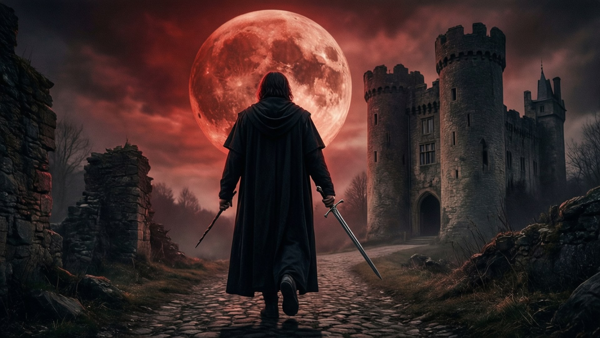 Wistoria: Wand And Sword 桌布 壁紙 — 一個披著斗篷的身影走向一座哥德式城堡，頭頂一輪巨大的血紅色月亮，投下詭異的陰影。