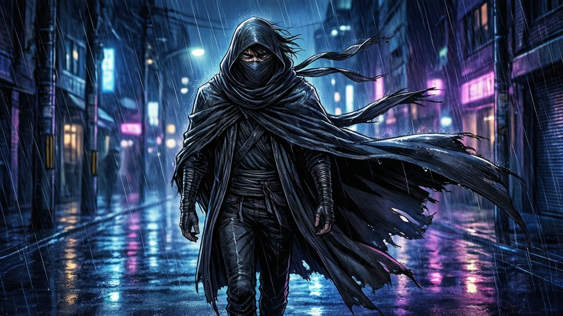 Veil Manga 桌布 壁紙 — 一個身穿斗篷、戴著兜帽的身影在夜晚穿過霓虹燈閃爍的潮濕城市小巷，濕漉漉的人行道上反射著光芒。