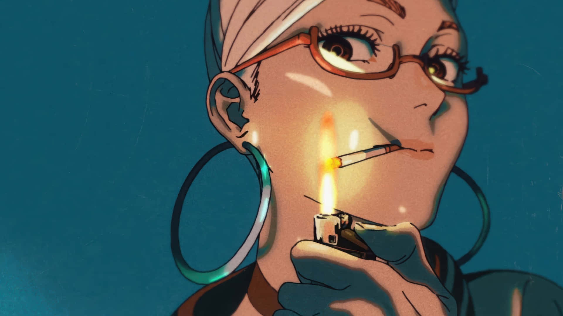  壁紙 — 一個戴眼鏡和耳環的動漫女孩特寫，在青綠色背景前點燃一支香煙。