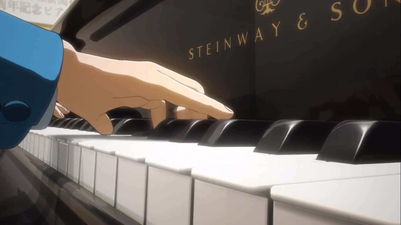  壁紙 — 藍色袖子的動漫手近距離按下閃亮黑色Steinway鋼琴上的金色字母琴鍵。