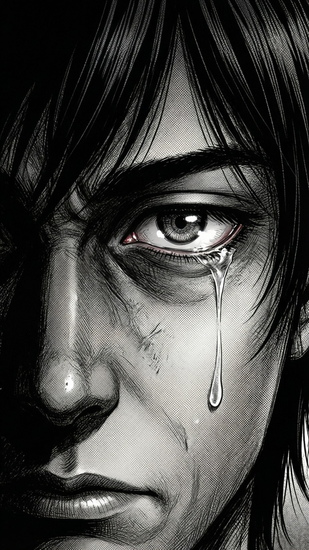 Emotional Manga Moment 壁紙 — 一個動漫風格的黑白特寫肖像，描繪一個人含淚的眼睛，一滴淚水順著臉頰流下。