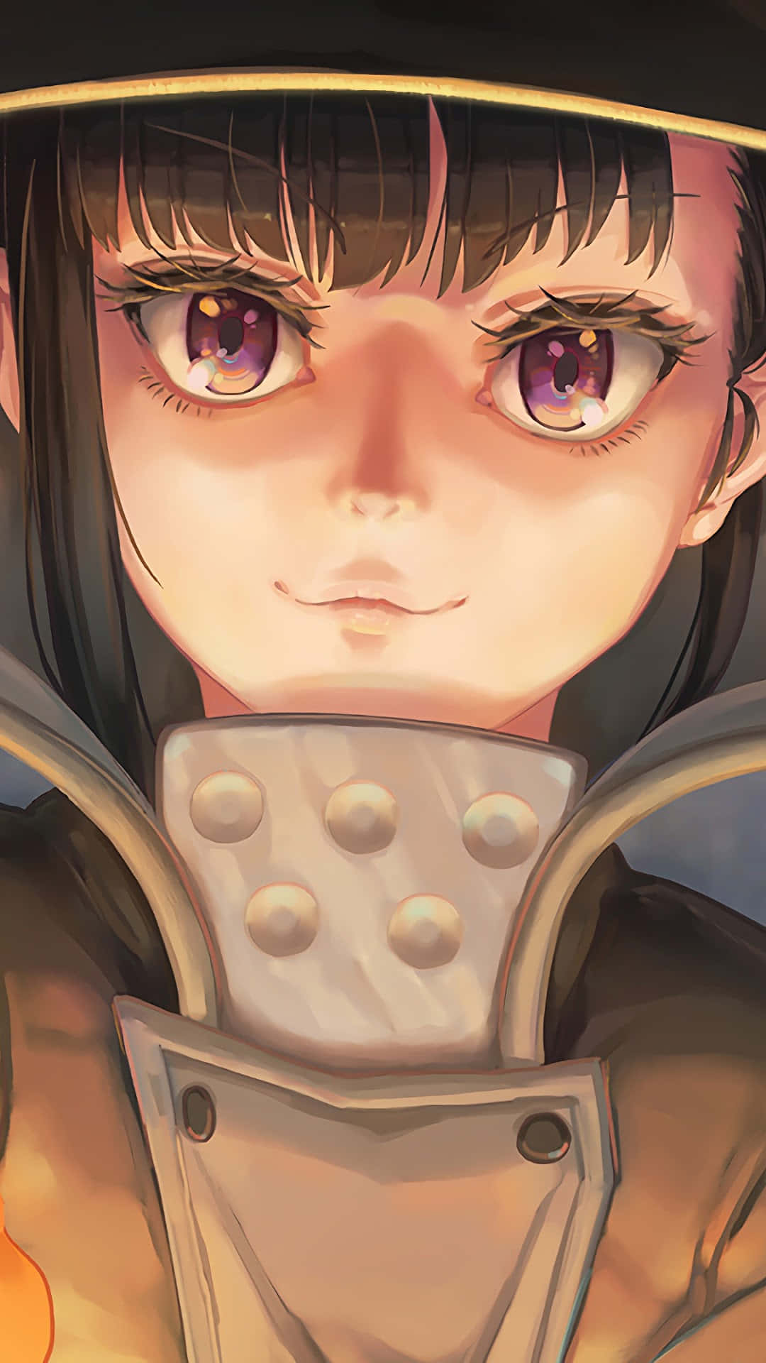 動畫女孩，紫色眼睛，戴著頭盔，以溫柔的表情向前看。 — Fire Emblem Warriors 壁紙