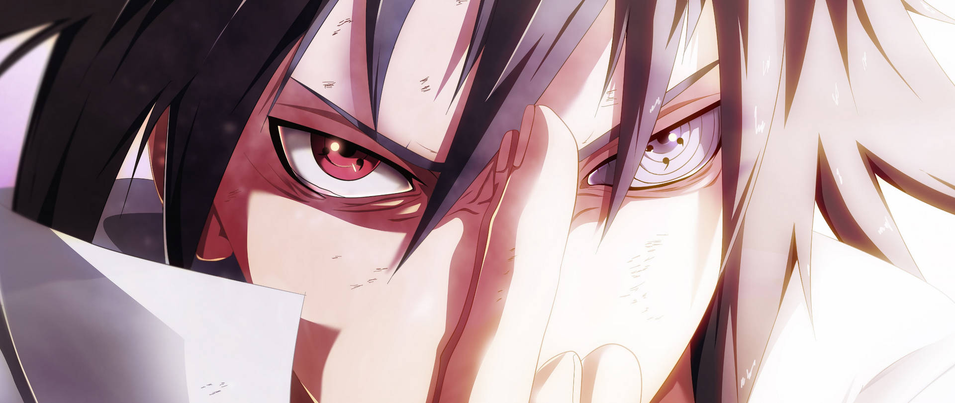 兩個動畫角色，眼睛和頭髮顏色不同，一個用手遮住半邊臉。 — Sasuke 壁紙