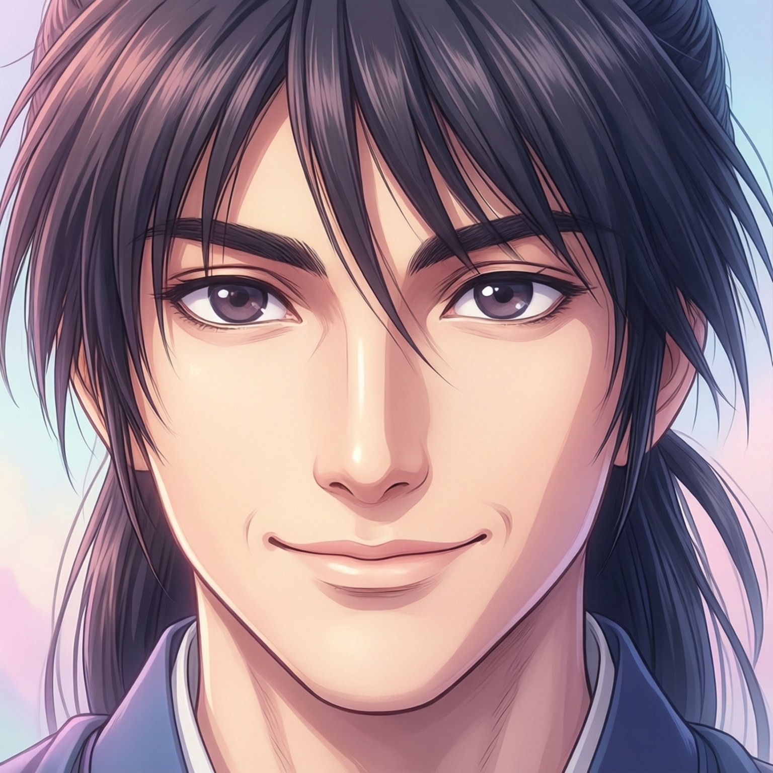 Gentle Smile 壁紙 — 一個特寫動漫風格肖像，描繪一位黑髮、帶著溫柔微笑的年輕男子，背景是柔和粉彩。