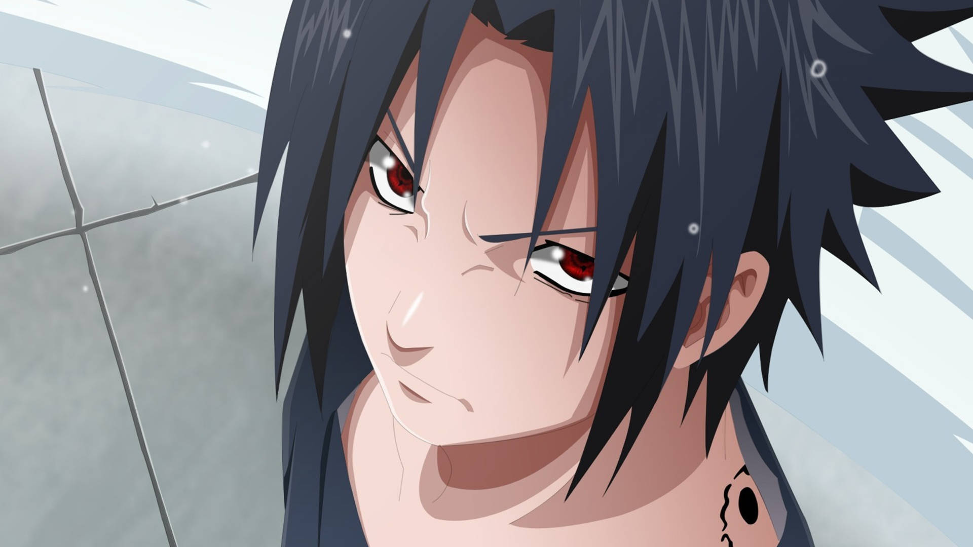 黑色頭髮和紅色眼睛的動畫角色，強烈地望向前方。 — Sasuke 壁紙