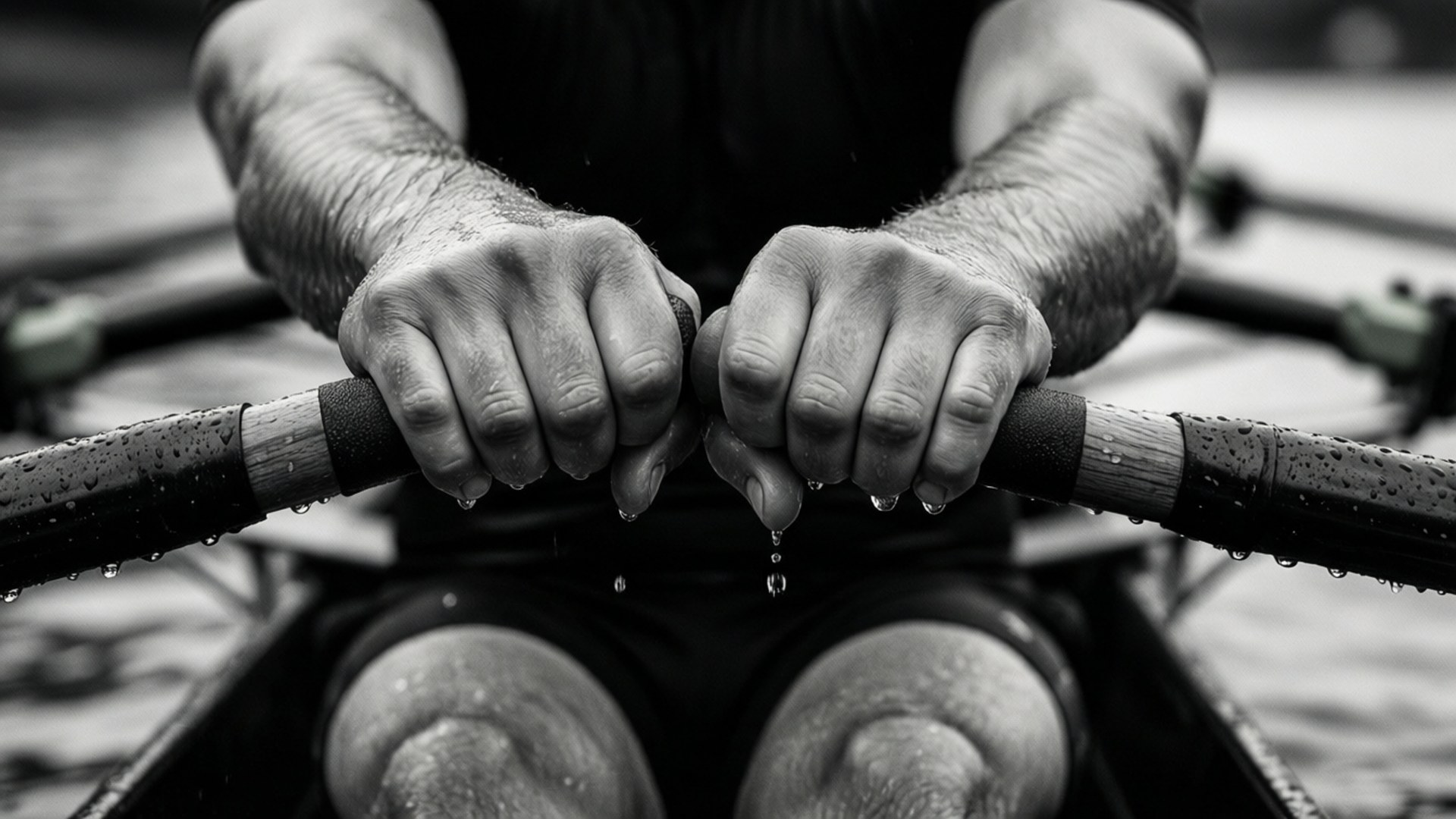 Grip and Grit 壁紙 — 划艇者汗濕的手緊握槳柄，水滴落下的黑白特寫