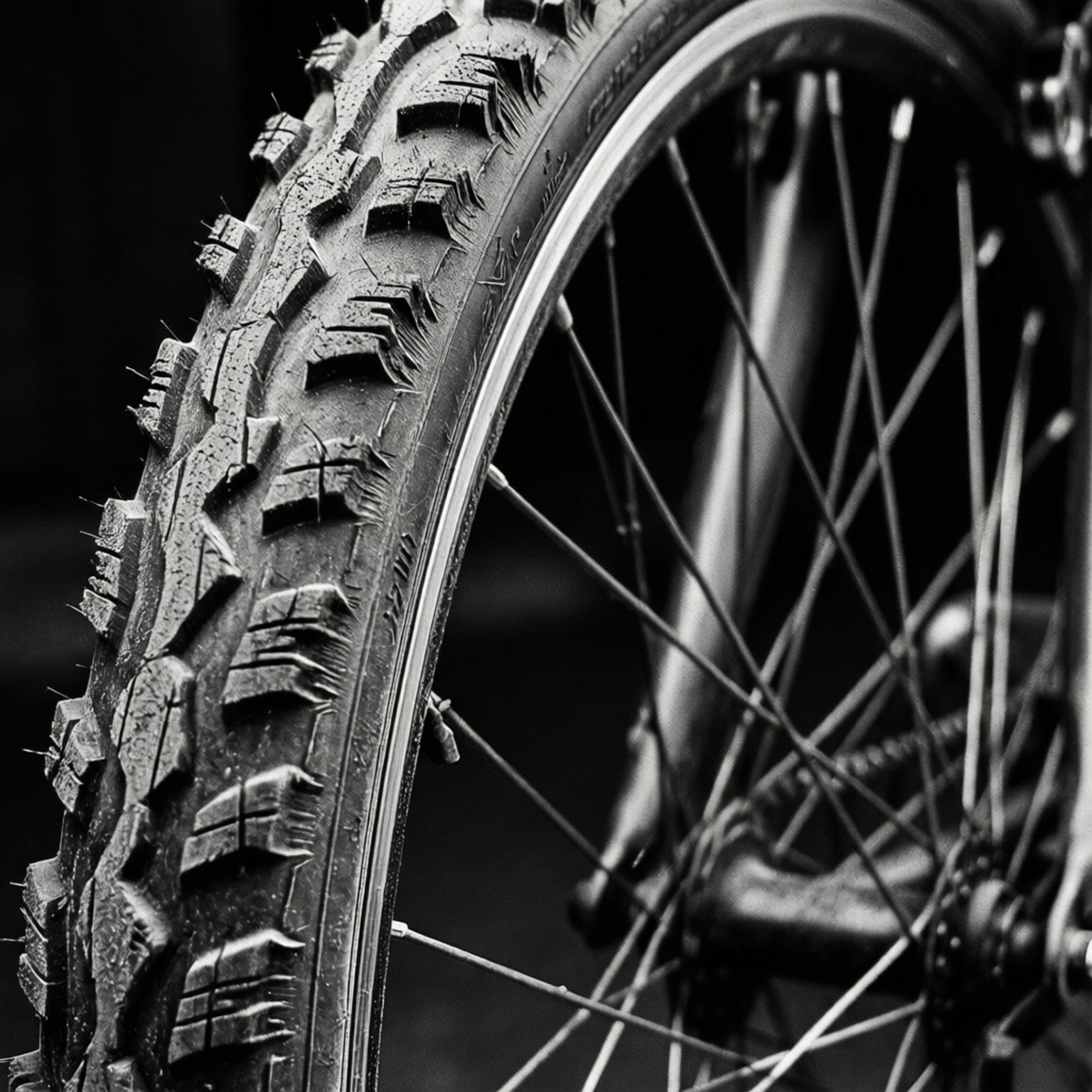 Wheel Texture Close-Up 壁紙 — 近距離黑白拍攝的堅固自行車輪胎，具有深胎紋和從輪轂輻射出的輻條。