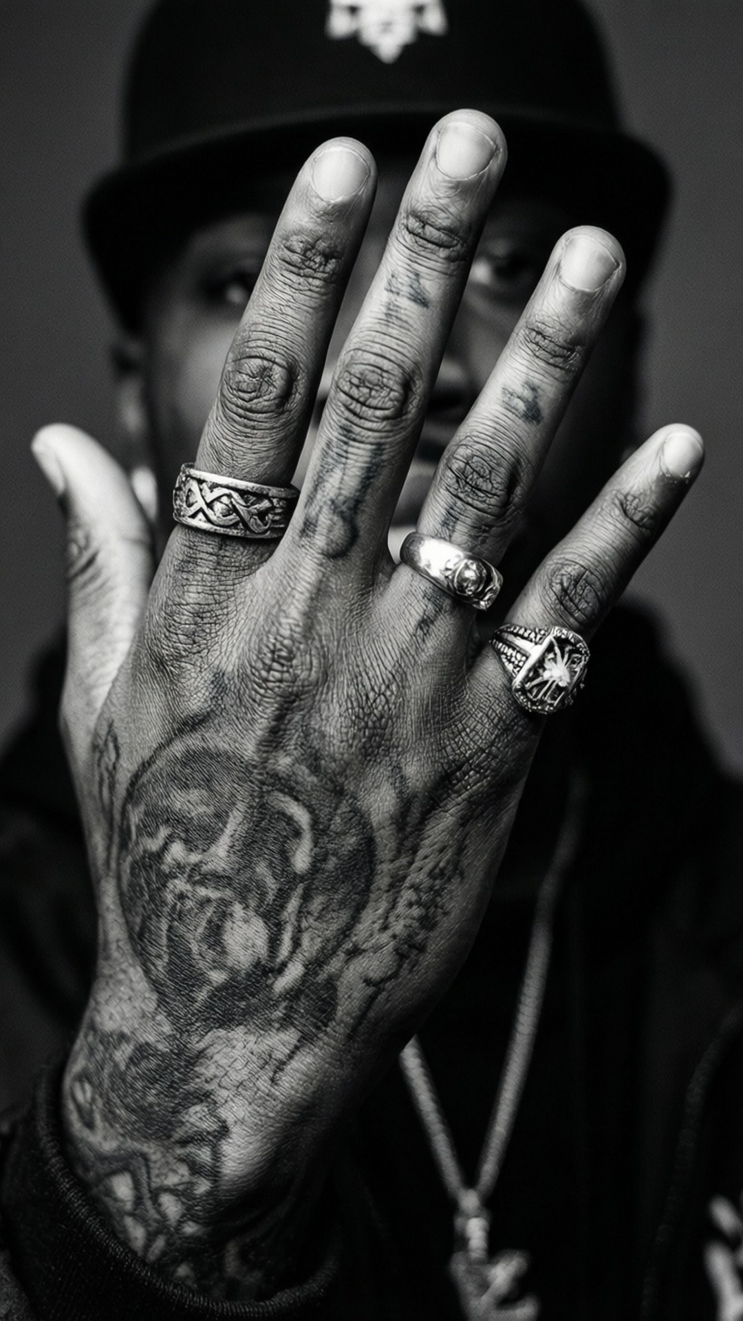 Open Palm Tattoo 壁紙 — 一隻有刺青的手的特寫黑白照片，手上戴著戒指覆蓋手掌和手指，部分遮擋著一個戴帽子的人。