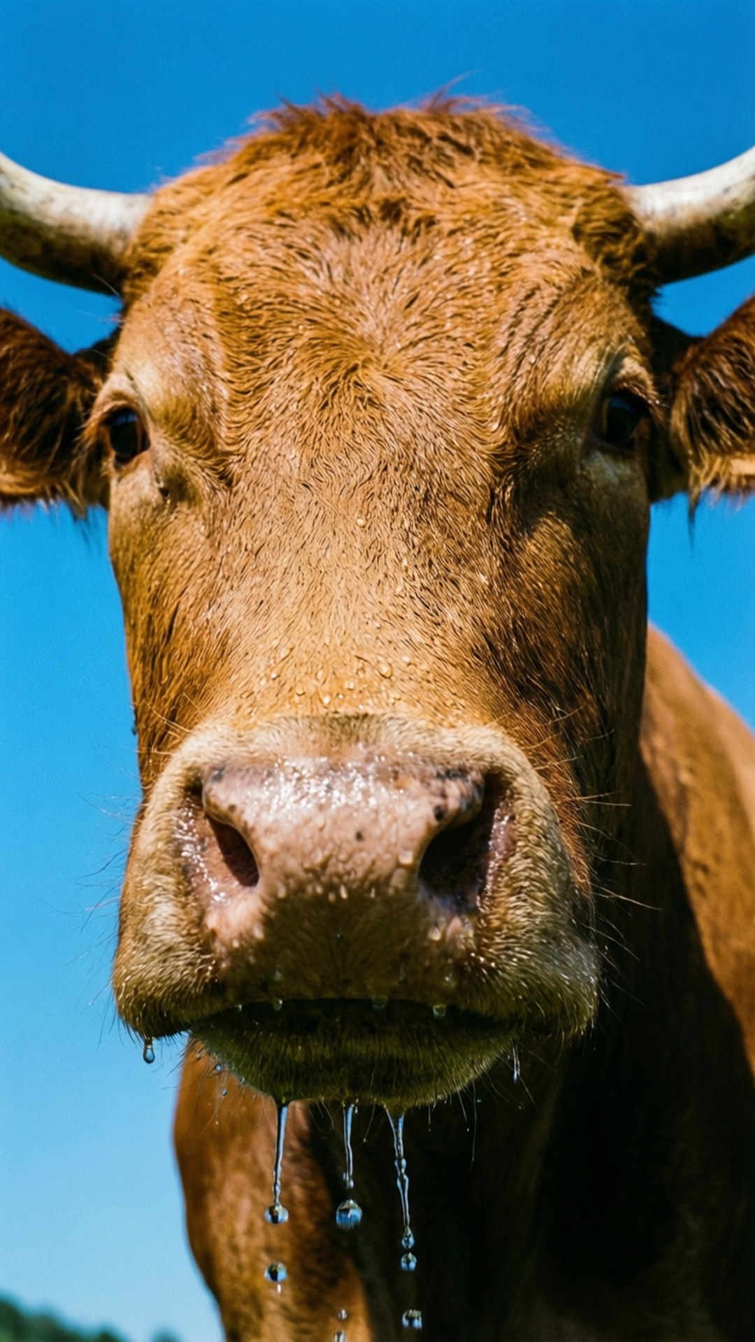 Fresh Ox Snout 壁紙 — 一頭棕色乳牛的近距離特寫，毛髮濕潤，嘴巴滴著水，背景是明亮的藍天。