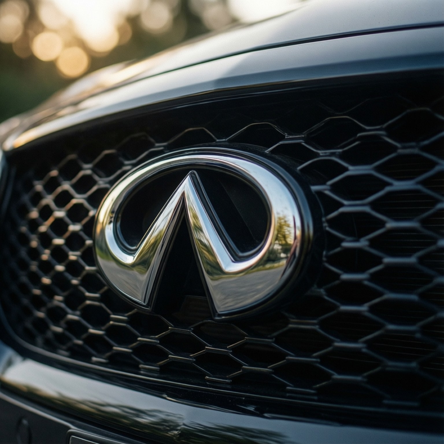 Infiniti Emblem Close 壁紙 — 黑色六角形格柵中央閃亮鍍鉻 Infiniti 標誌的特寫，帶柔和金色散景背景。