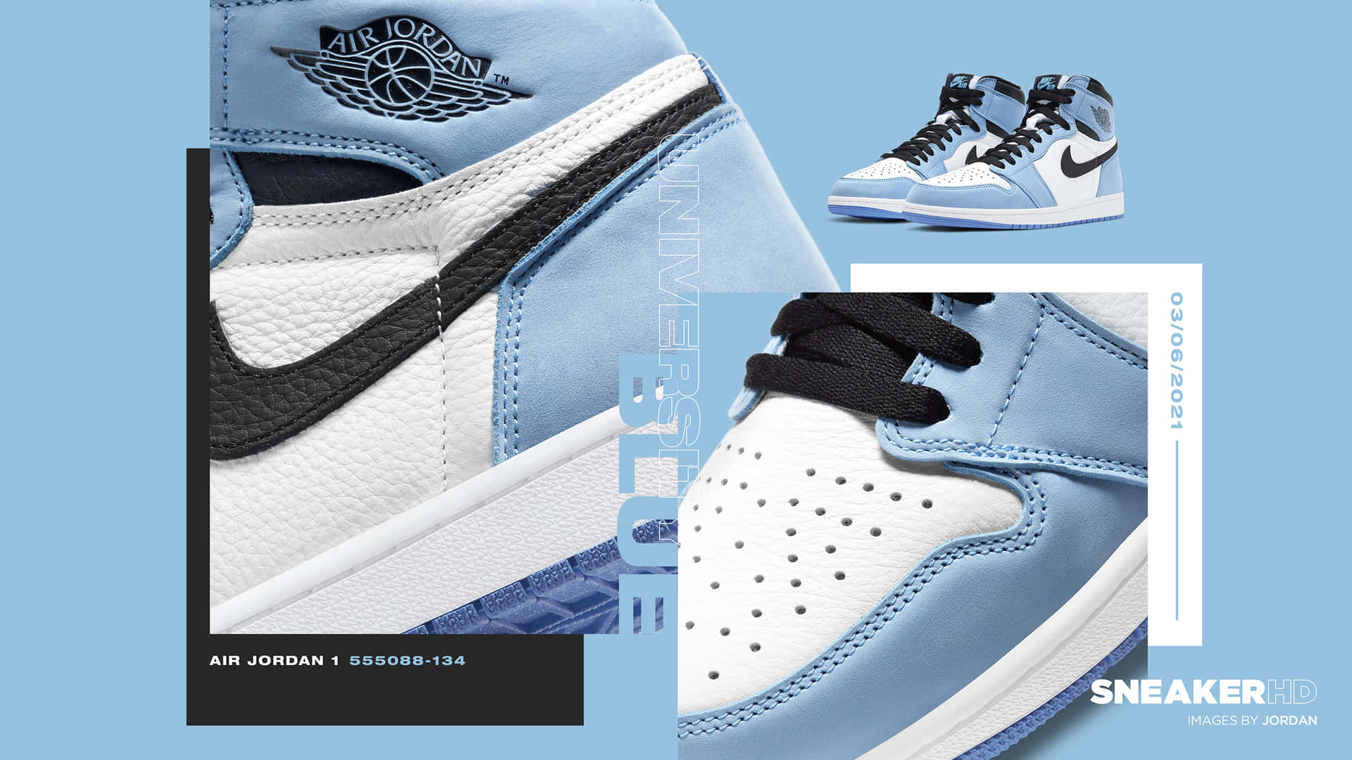 Air Jordan 1 運動鞋，淺藍、白色和黑色，細節紋理和品牌標誌。 — Air Jordan 壁紙