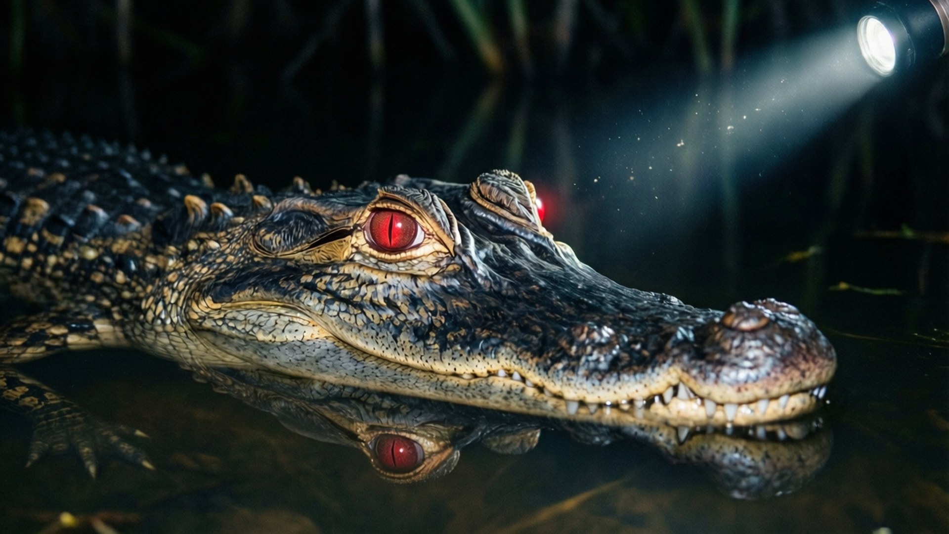 Night Alligator Red Eyes 壁紙 — 鱷魚頭部從暗水中浮出的特寫，手電筒光束照射下發出紅光的眼睛。