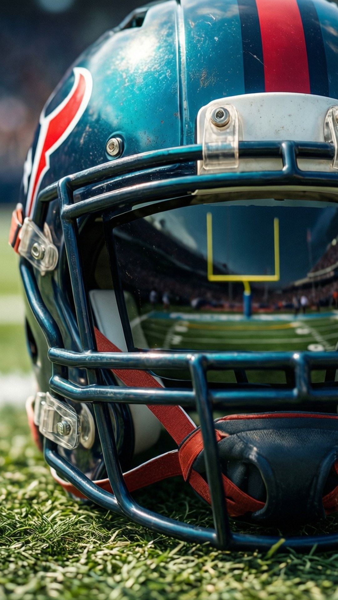 Helmet Reflection 壁紙 — 一個青綠色和紅色的美式足球頭盔特寫，放在草地上，面罩反射著體育館的球門柱。