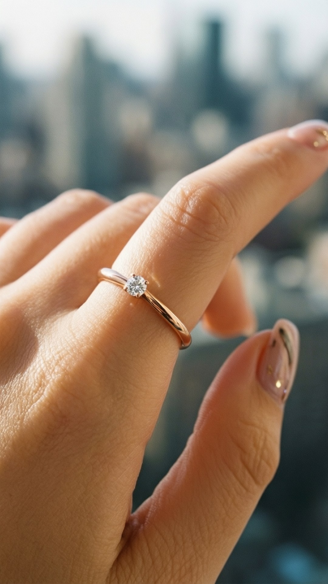 Accessory 桌布 壁紙 — 一隻戴著玫瑰金單鑽訂婚戒指的手，背景是模糊的城市天際線特寫。