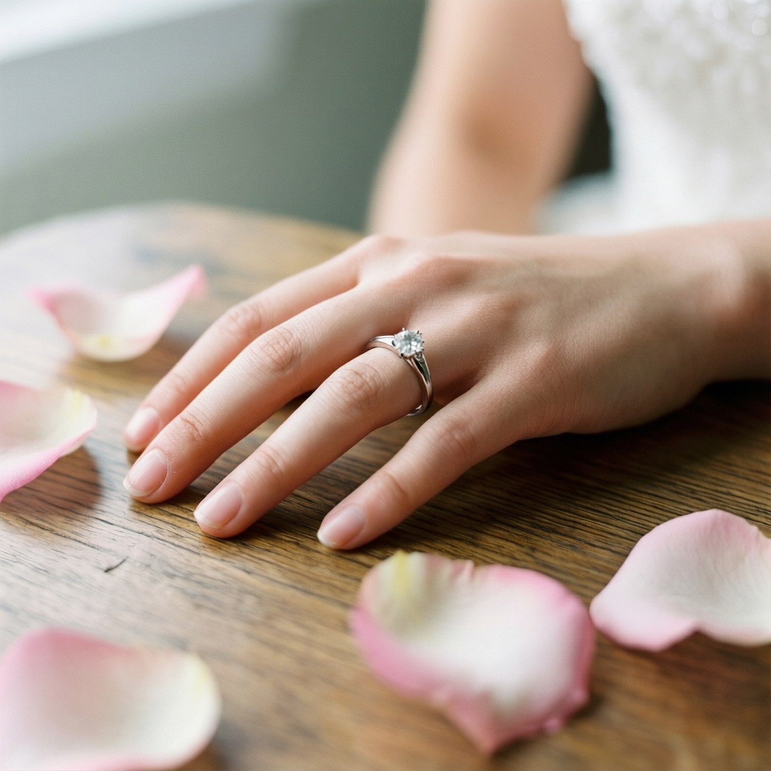 Marriage 桌布 壁紙 — 一隻戴著閃亮單鑽訂婚戒指的手的特寫，周圍是柔軟的粉紅玫瑰花瓣，置於木質表面上。