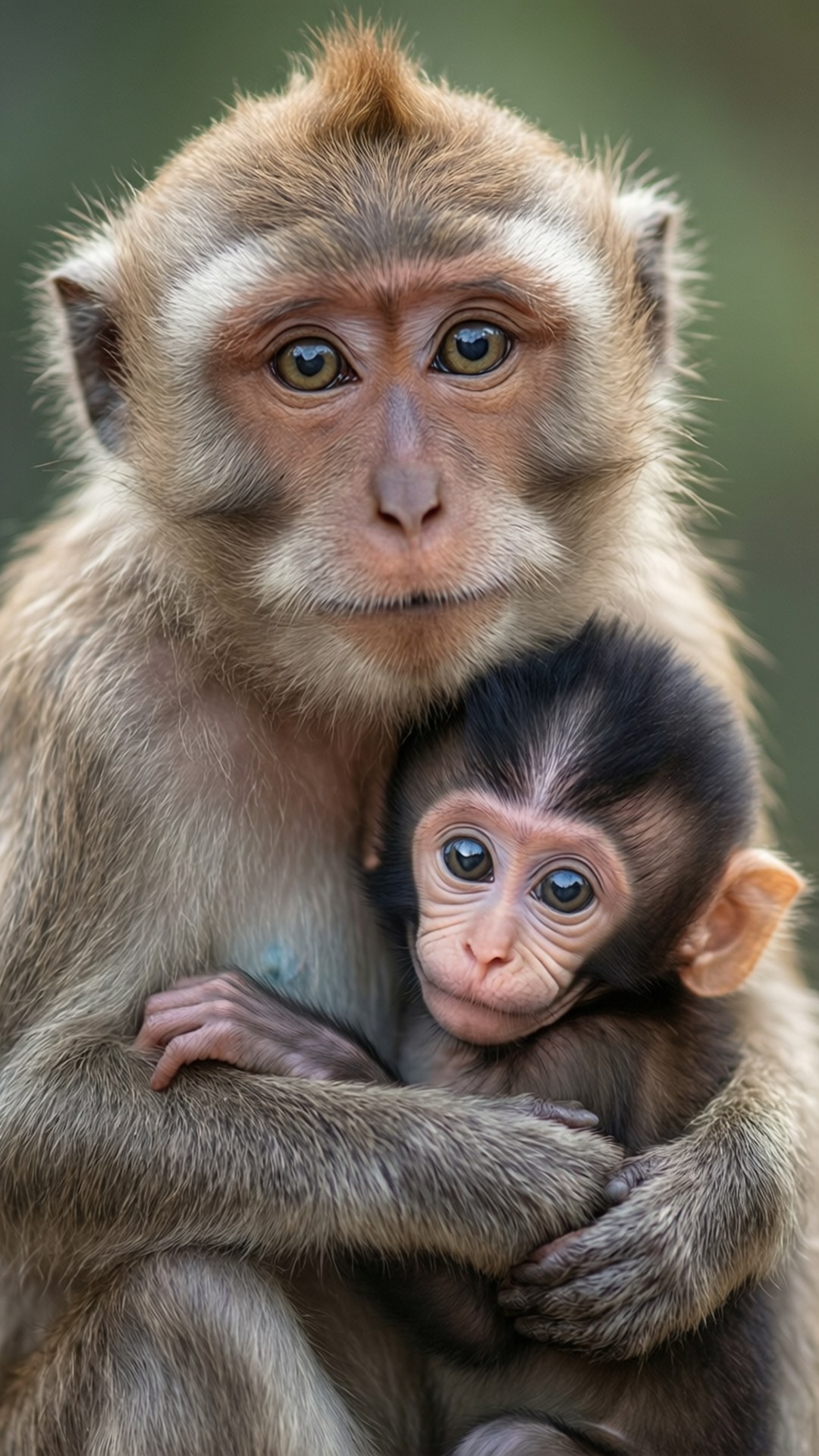 Monkey Mother and Baby 壁紙 — 特寫鏡頭，一隻母獼猴溫柔地抱著她的寶寶，背景是柔和模糊的綠色。