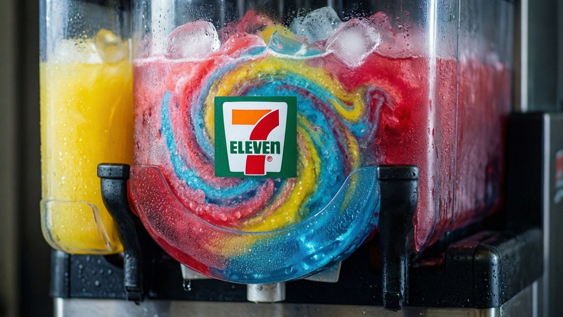 Slurpee Machine Macro 壁紙 — 7-Eleven 思樂冰機器的特寫，帶有旋轉的紅色、黃色和藍色冰凍飲料和冰塊。