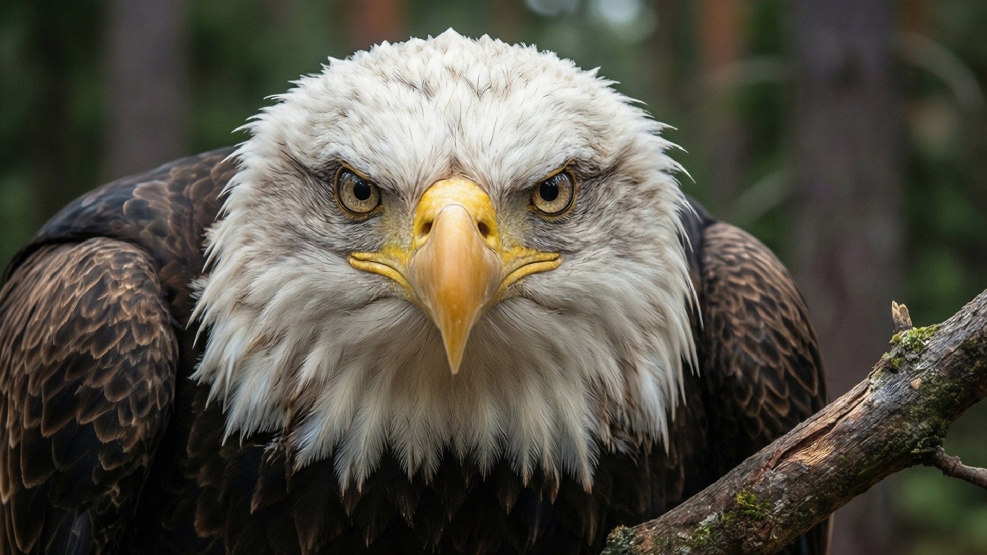 Majestic Bald Eagle 壁紙 — 一隻白頭鷹的特寫，有著銳利的黃色眼睛和尖銳的喙，棲息在森林中長滿苔蘚的樹枝上。