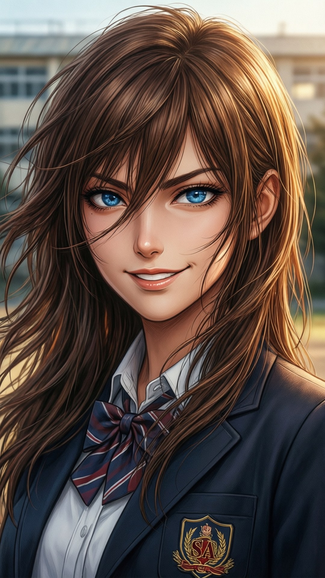 特別的 桌布 壁紙 — 一個美麗動漫女孩的近照，藍眼睛、棕色頭髮，穿著校服和蝴蝶結領帶。
