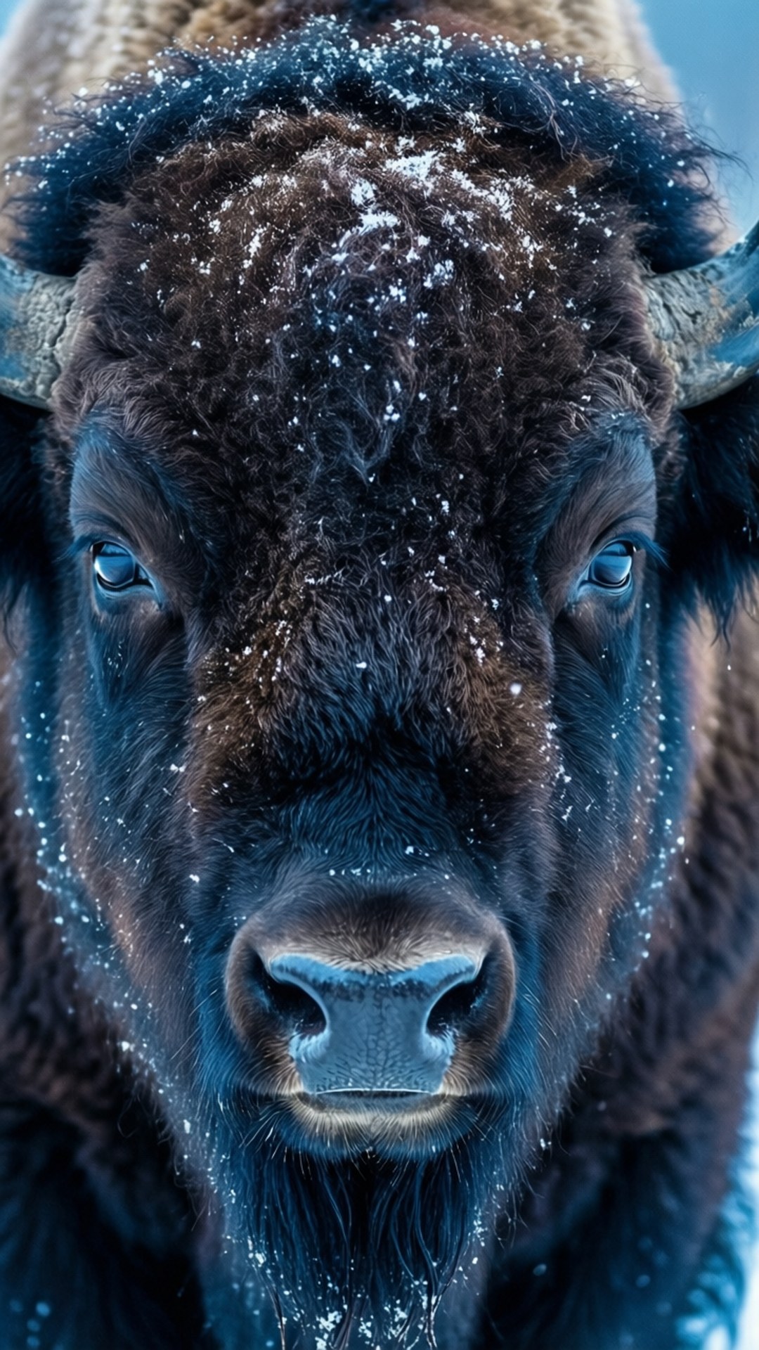 Winter Buffalo Portrait 壁紙 — 野牛臉部特寫，覆蓋著雪花，強烈的藍色眼睛在雪景背景下向前凝視。
